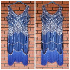Fundaisy Flapper Dress Plus 3XL Blue Sleeveless Sequin Fringe Cocktail Party